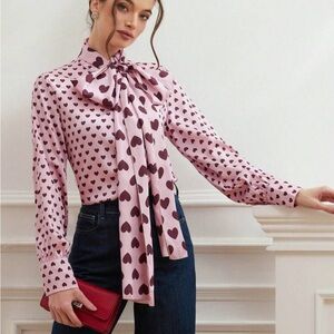 Heart Print Button Long Sleeve Self Tie Sash Down Up Shirt Top Blouse